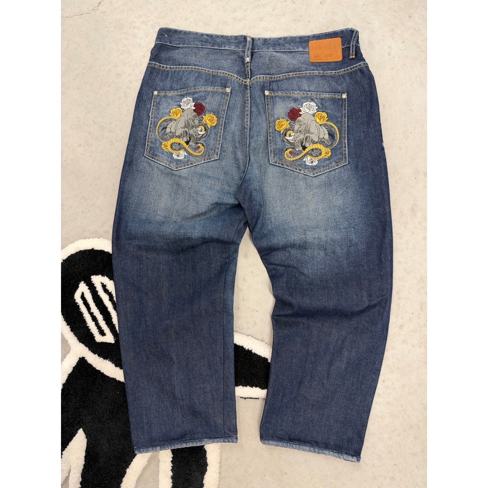 Ecko Unlited Baggy Fit Embroidered Rhino Rose Jeans Blue 36x25